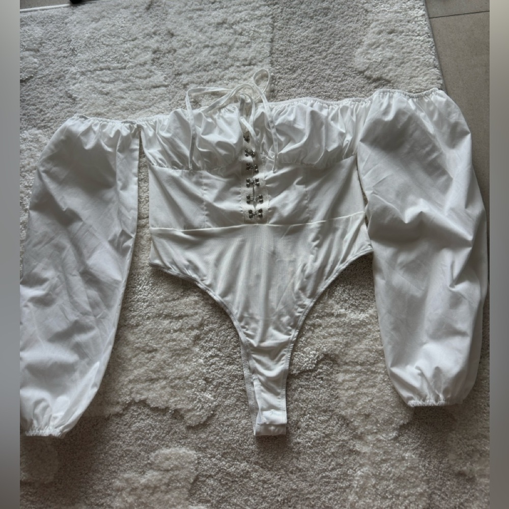 White Off-Shoulder Bodysuit with Puff Sleeves